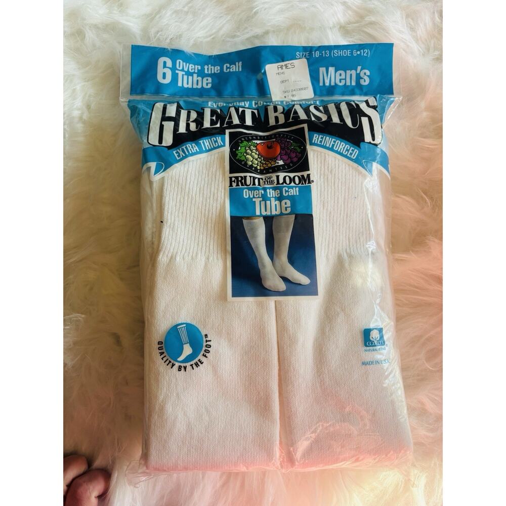 VTG Fruit of the Loom Mens 6-12 Soft Cotton Over The Calf Tube Socks 6 Pack NEW